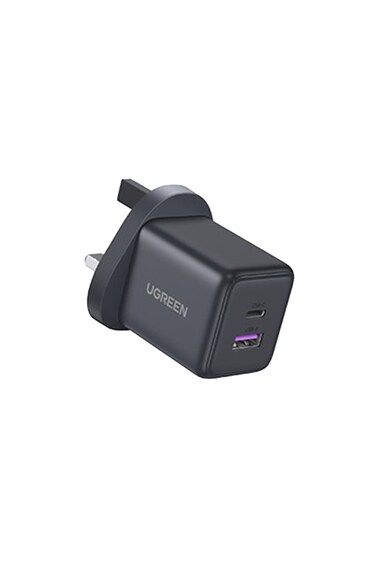 شاحن جداري يوجرين بتقنية GaN بمنفذ USB ومنفذ USB-C بقوة 30 واط - رمادي