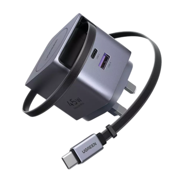 شاحن جداري يوجرين Nexode Pro بتقنية GaN وسلك قابل للسحب وبمنفذ USB-C وبمنفذ USB وبقوة 45 واط - رمادي