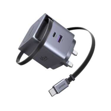 شاحن جداري يوجرين Nexode Pro بتقنية GaN وسلك قابل للسحب وبمنفذ USB-C وبمنفذ USB وبقوة 65 واط - رمادي