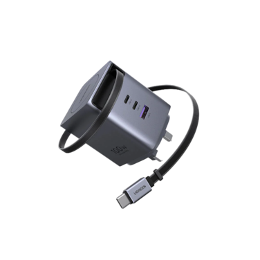 شاحن جداري يوجرين Nexode Pro بتقنية GaN وسلك قابل للسحب بمنفذين USB-C وبمنفذ USB وبقوة 100 واط - رمادي