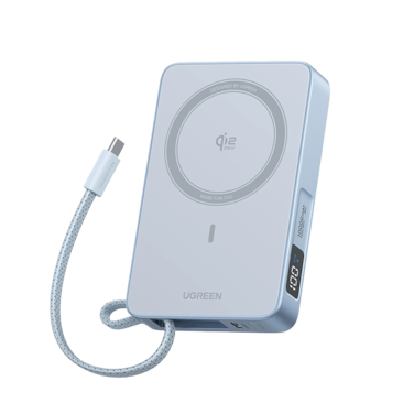 شاحن متنقل يوجرين لاسلكي MagFlow بسلك مدمج ومنفذ USB-C بسعة 10000 مللي أمبير وبقوة 25 واط - فضي