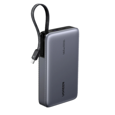 شاحن متنقل يوجرين بسلك مدمج ومنفذ USB-C و USB بسعة 20000 مللي أمبير وبقوة 145 واط - رمادي