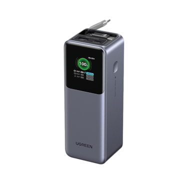 شاحن متنقل يوجرين Nexode بسلك قابل للسحب وبمنفذ USB-C ومنفذ USB بسعة 20000 مللي أمبير وبقوة 165 واط - رمادي