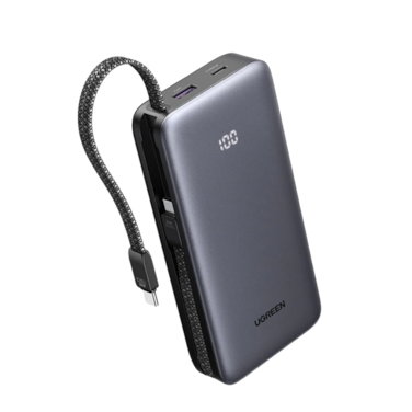 شاحن متنقل يوجرين بسلك مدمج ومنفذ USB-C و USB بسعة 20000 مللي أمبير وبقوة 30 واط - رمادي