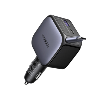 شاحن سيارة يوجرين بسلك قابل للسحب بمنفذ USB-C ومنفذ USB وبقوة 90 واط - رمادي