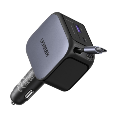 شاحن سيارة يوجرين بسلك قابل للسحب بمنفذين USB-C ومنفذ USB وبقوة 145 واط - رمادي