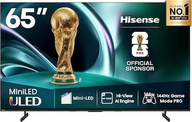 تلفزيون هايسنس الذكي U7Q Series Mini-LED ULED 4K UHD مقاس 65 بوصة - QLED، معدل تحديث أصلي 144 هرتز، سطوع 1000 شمعة، تقنية Dolby Vision IQ، تعتيم موضعي كامل، وضع الألعاب الاحترافي، متوافق مع Alexa