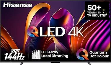 تلفزيون هايسنس الذكي QLED بدقة 4K مقاس 75 بوصة، بمعدل تحديث متغير 144 هرتز، وتقنية AI Picture، وتقنية Dolby Atmos، وتحكم صوتي (75Q72Q، أسود).
