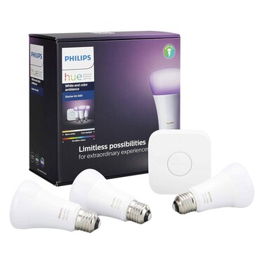 Philips Hue White &amp; Colour Ambiance Smart LED Light - Starter Kit (3 Bulbs &amp; Bridge), Bluetooth &amp; Zigbee compatible, Works With Apple Homekit, Siri, Alexa, Google Assistant And Many More