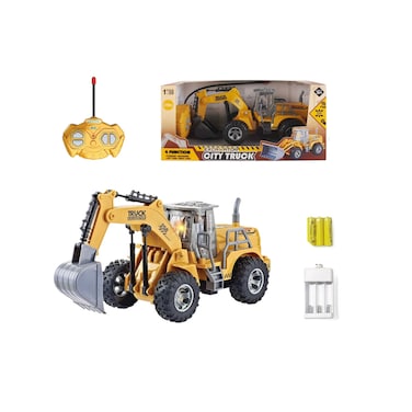 تويسي شاحنة حفارة تعمل بالتحكم عن بعد بمقياس 1:30 مع ضوء وشاحن USB، مركبة بناء واقعية تعمل بالتحكم عن بعد للأطفال، لعبة شاحنة مدينة بأربع وظائف مع بطارية قابلة لإعادة الشحن
