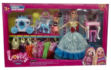 Lovely Trendy 11" Beauty Doll Set with Baby, Dressing Table, Horse Carriage and Fashion Outfits, Princess Doll Playset for Girls (W.Box)