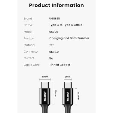 سلك شاحن يوجرين من USB-C إلى USB-C بطول 2 م - أبيض