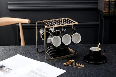 طقم فناجين شاي وصحون سيراميك مع حامل مكون من 12 قطعة أزرق