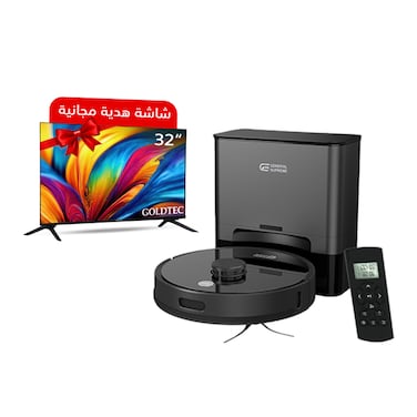 جنرال سوبريم مكنسة روبوت كنس ومسح، واي فاي، توجيه عن طريق الليزر، منصة لتفريغ الغبار، اسود GSVCRDZ + جولد تك شاشه 32 بوصه، ال إي دي عالي الدقه (HD) هدية