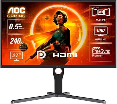 AOC شاشة العاب Q27G3ZE 27 انش 2K  نوع لوحة IPS سريع معدل تحديث 240Hz وقت استجابة 0.5 مللي ثانية تقنية AMD فري سينك بريميوم حامل قابل للتعديل اسود واحمر