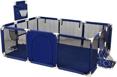 حظيرة لعب كبيرة محمولة آمنة من SKY-TOUCH للأطفال التوأم والرضع والأطفال الصغار للاستخدام الداخلي والخارجي مع حجم كبير للغاية وأنشطة ممتعة وطوق كرة سلة - أزرق