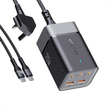 شاحن جداري فولتمي فيتو جو ايز ترافيل مع سلك وبثلاث منافذ USB-C ومنفذين USB وبقوة 75 واط - رمادي