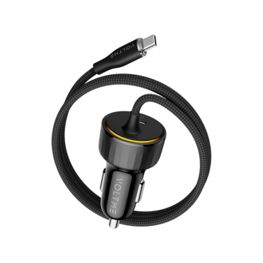 شاحن سيارة فولتمي كازو سبيدو بلس بسلك مدمج USB-C وبمنفذ USB بقوة 60 واط - أسود