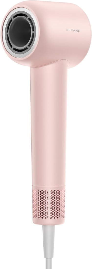 مجفف شعر جليم من دريم هير بمحرك عالي السرعة و110 000 دورة في الدقيقة تدفق هواء 65 متر/ ثانية 330 غرام 200 مليون أيون سالب تحكم درجة الحرارة وتدفق الهواء 30.0 واط لون زهري