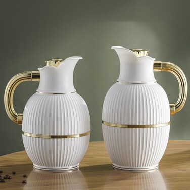 Set of Two Pieces of Peacock Thermos for Tea and Coffee from Petros, 1Liter and 0.7Liter, White