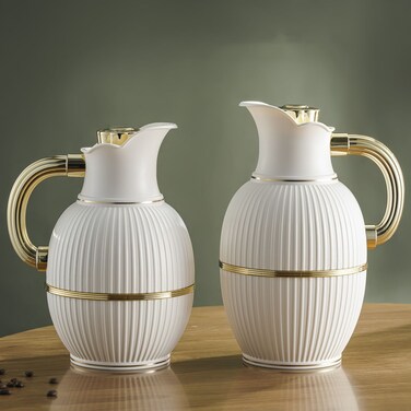 Set of Two Pieces of Peacock Thermos for Tea and Coffee from Petros 1Liter and 0.7Liter Beige/Golden