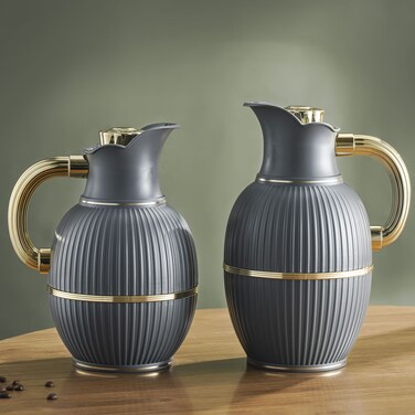 Set of Two Pieces of Peacock Thermos for Tea and Coffee from Petros, 1Liter and 0.7Liter, Dark Grey/Golden