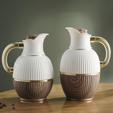 Set of Two Pieces of Peacock Thermos for Tea and Coffee from Petros, 1Liter and 0.7Liter, Beige Wooden/Golden