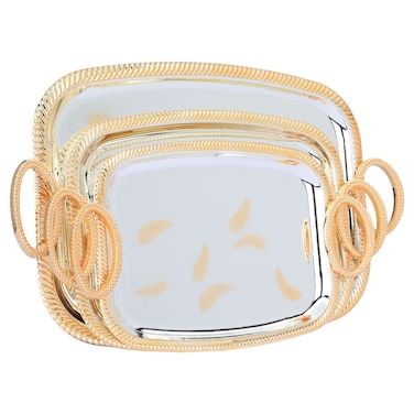 Saif Gallery Stainless Steel Rectangular Serving Tray Set, 3 Pieces, Gold-Silver Engraving