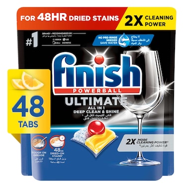 Finish Ultimate Dishwasher Tablets, Lemon Sparkle Scent, 2x More Cleaning Power, 48 Tabs
