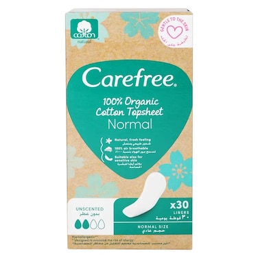 Carefree 100% Organic Cotton Topsheet Unscented Normal Size 30 Liners 