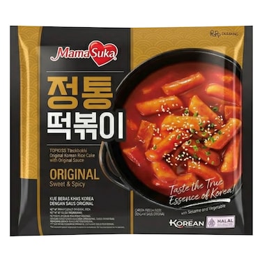 MamaSuka TopKiss Tteokbokki &ndash; Original Korean Rice Cakes with Original Sweet &amp; Spicy Sauce &ndash; Sesame &amp; Vegetable &ndash; Halal- 134g