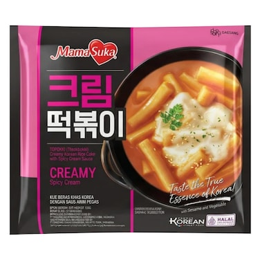 EN DES	AR DES
MamaSuka Topokki Creamy Korean Rice Cakes with Spicy Cream Sauce &ndash; Sesame &amp; Vegetable &ndash; Halal - 134g