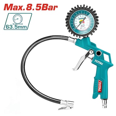 مسدس نفخ الإطارات توتال إير مع مقياس ضغط، وموصل سريع، وخرطوم ضغط عالي - بحد أقصى 8.5 بار