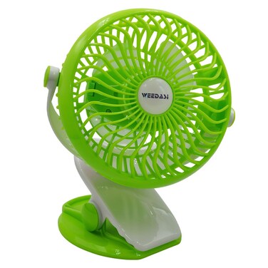 مروحة WEEDASI SHINEBEST WD-2100 بمشبك تثبيت، خضراء   قابلة لإعادة الشحن عبر USB، 7 فولت، 4 واط، بثلاث سرعات، دوران 360 درجة، طاقة مزدوجة   مروحة تبريد للمكتب، السيارة، المنزل، المكتب