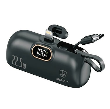باور بانك صغير من اس بي سبون، باور بانك سريع الشحن 22.5 واط مع سلك طاقة قابل للطي وحبل قصير 2 في 1، باور بانك صغير 5000 مللي امبير في الساعة، شاحن محمول USB C، اساسيات السفر، متوافق مع جميع الموبايلات