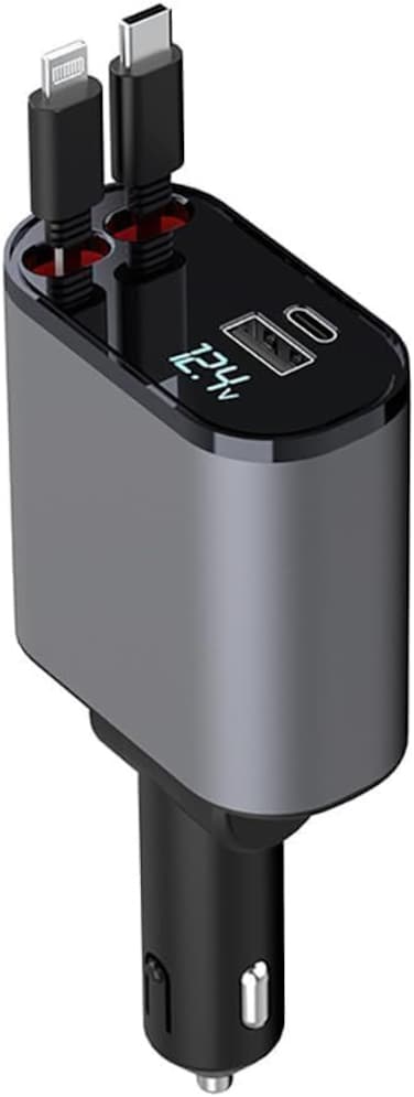 ISNUP SP 120W Retractable 4 Ports Car Charger Fast Car Phone Charger Cigarette Lighter Plug for iPhone + Type C Charge Cable + USB (A+C) Ports Car Charger Adapter Compatible with iPhone, Samsung, Etc