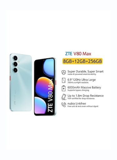 زد تي إي BLADE Z2577  V80 Max  8+256GB SKY CYAN - سماوي (نسخة دولية)