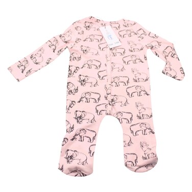 Baby girl romper, all-over print, button-up back.