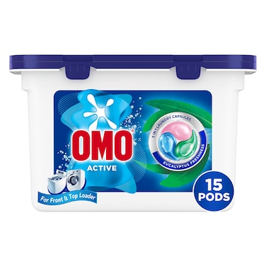 كبسولات أومو أكتيف ٣ في 1 للغسيل، بالأوكالبتوس المنعش، 15 كبسولة