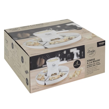 طقم فوندو مع 4 أوعية، شوك من ستانلس ستيل، صينية بامبو وسخان شمعة، لـ 4 أشخاص