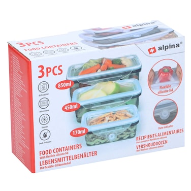 Alpina Food Container Set, 3 Boxes, with Flexible Silicone Lids