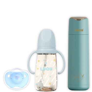 LuQu Northern Double Wall Vacuum Insulated Bottle ,Ppsu Feeding Bottle With Handle,pacifier silicone flat head +6M(BLUE)