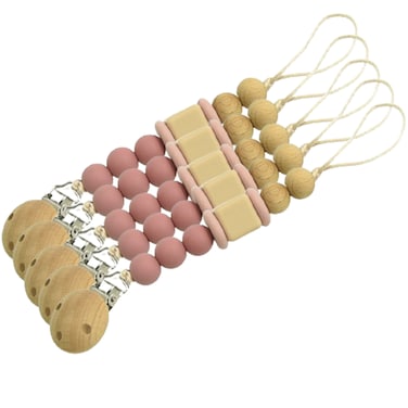 حامل لهاية سيليكون+ خشب شكل حبات خرز- وردي-5 قطعة