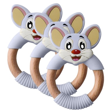 Silicone + Wood Teether- Face-Pack of 3