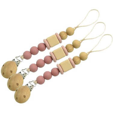 حامل لهاية سيليكون+ خشب شكل حبات خرز-وردي-3 قطعة