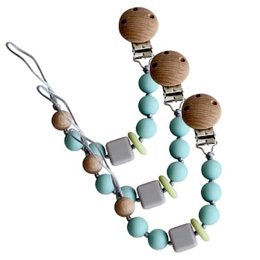 حامل لهاية سيليكون+ خشب شكل حبات خرز-أزرق- 3 قطعة