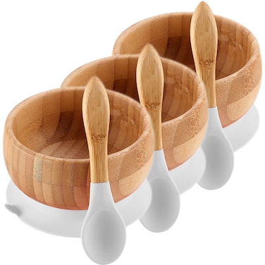 وعاء و ملعقة من خشن الزان و السيليكون - 3 قطعة