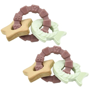 Silicone + Wood Teether- Star-Pack of 2