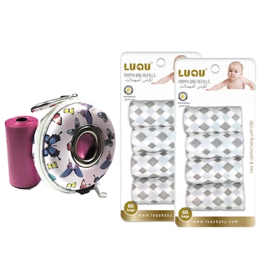 لوقو أكياس حفاضات بيبي سيركل للاستخدام مرة واحدة (وردي)، أكياس نفايات قابلة للتحلل البيولوجي، 10 لفات إعادة تعبئة/150 كيسًا مع موزع، التخلص من الحفاضات بشكل مريح وسريع، بدون رائحة