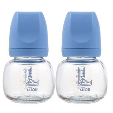 لوقو زجاجة رضاعة زجاجية ذات عنق قياسي، 80 مل، لون أزرق، عبوة من قطعتين
